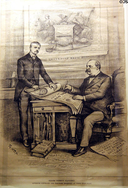 Graphic of Roosevelt with Governor Cleveland signing reform bill by Thomas Nast at Theodore Roosevelt Birthplace. New York, NY.