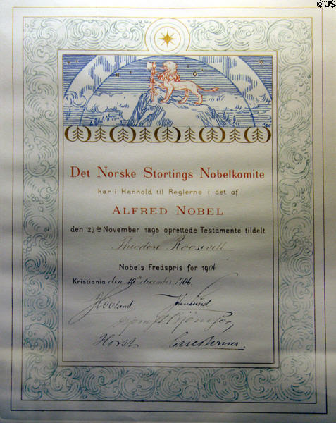 Theodore Roosevelt's Nobel Peace Prize certificate (1906) at his Birthplace. New York, NY.