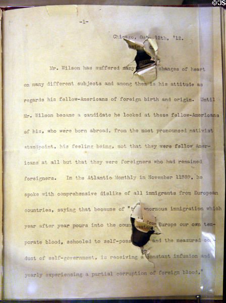 Roosevelt's folded speech with bullet hole which with glass cases slowed assassin's attempt (Oct. 14, 1912) at Theodore Roosevelt Birthplace. New York, NY.