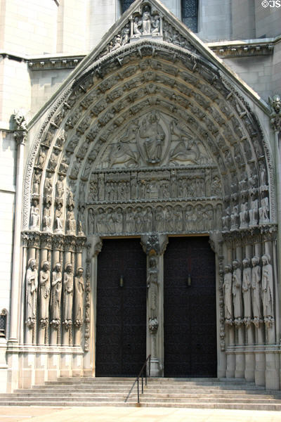 Gothic Revival west entrance of Riverside Church with rows of Saints. New York, NY.