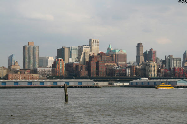 Skyline of Brooklyn along East River south of Brooklyn Bridge. New York, NY.