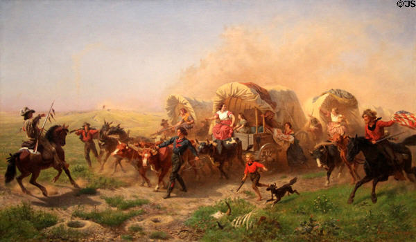 Indians Attacking a Wagon Train painting (1863) by Emanuel Leutze at Metropolitan Museum of Art. New York, NY.
