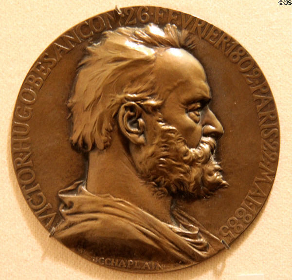 Victor Hugo Novelist bronze medallion (1885) by Jules-Clément Chaplain at Metropolitan Museum of Art. New York, NY.