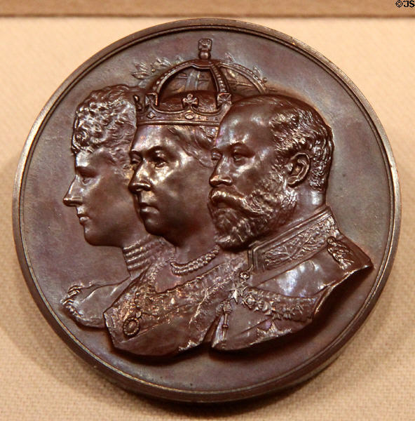 Opening of Tower Bridge showing Queen Victoria between Prince & Princess of Wales bronze medal (1894) by Frank Bowcher of London at Metropolitan Museum of Art. New York, NY.