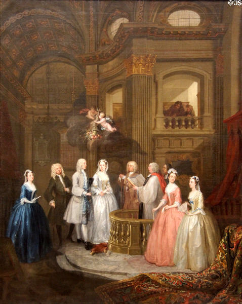 Wedding of Stephen Beckingham & Mary Cox painting (1729) by William Hogarth at Metropolitan Museum of Art. New York, NY.