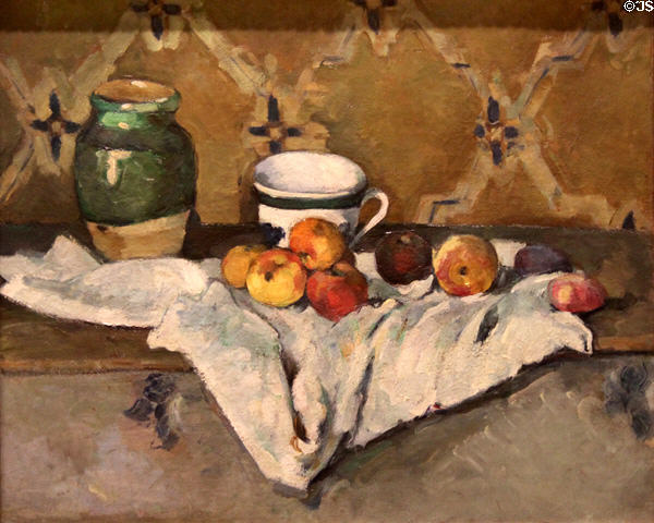 Still life with Jar, Cup, & Apples painting (1877) by Paul Cézanne at Metropolitan Museum of Art. New York, NY.