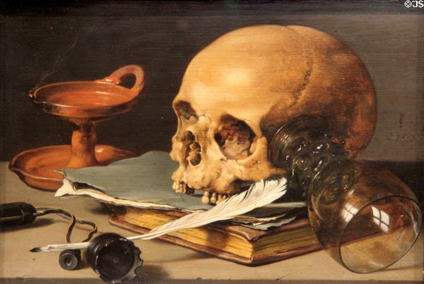 Still Life with Skull & Writing Quill painting (1628) by Pieter Claesz at Metropolitan Museum of Art. New York, NY.