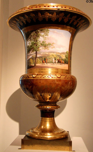Sèvres porcelain vase (1811) showing Napoleon hunting in hills near château of Saint-Cloud (given by Napoleon to his brother Jérôme, King of Westphalia) at Metropolitan Museum of Art. New York, NY.