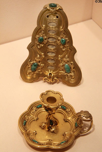 Detail of piece of Desk set of bronze & malachite (1851) by Charles Asprey of London (exhibited at Crystal Palace expo of 1851) at Metropolitan Museum of Art. New York, NY.
