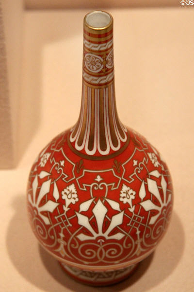 Bone china bottle vase with scarab beetle in Eclectic style (c1862) attrib. Christopher Dresser for Minton of Stoke-on-Trent, England at Metropolitan Museum of Art. New York, NY.
