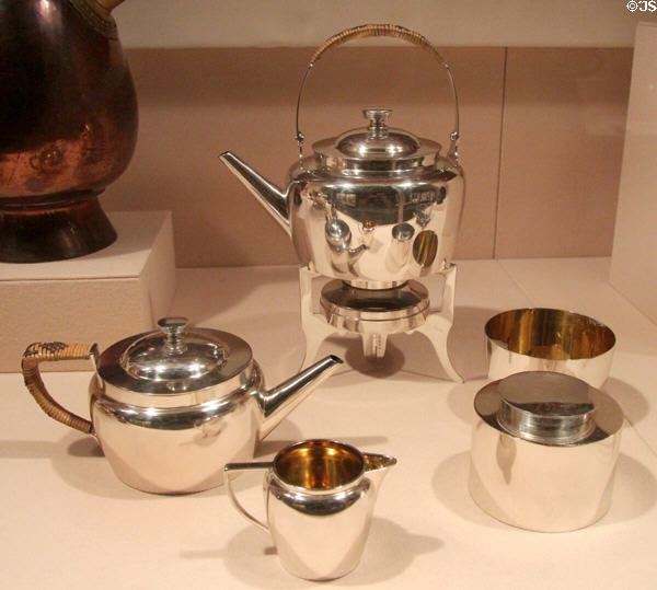 Electroplate & bamboo travel tea set (c1879) by Christopher Dresser made by JW Hukin & JT Heath of Birmingham, England at Metropolitan Museum of Art. New York, NY.