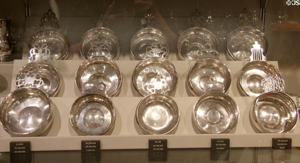 Collection of antique American silver porringers at Metropolitan Museum of Art. New York, NY.