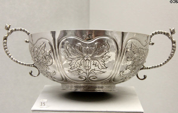 Silver two-handled bowl (c1700-10) by Cornelius Kierstede of New York City at Metropolitan Museum of Art. New York, NY.