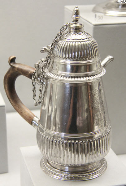 Silver chocolate pot (c1700-10) by Edward Winslow of Boston at Metropolitan Museum of Art. New York, NY.