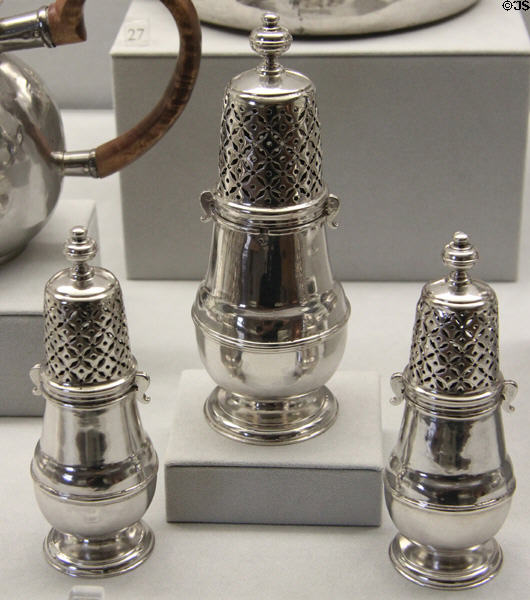 Set of silver caters (c1735) by Adrian Bancker of New York City at Metropolitan Museum of Art. New York, NY.