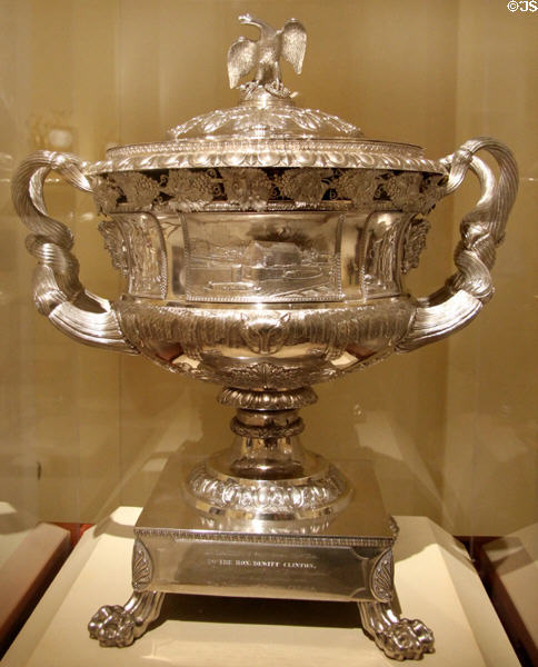 Silver presentation vase with scenes of Erie Canal (1824) by Thomas Fletcher & Sidney Gardiner of Philadelphia at Metropolitan Museum of Art. New York, NY.