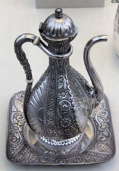 Silver Aesthetic Movement coffeepot & tray (1881) by Gorham Manuf. Co., Providence, RI at Metropolitan Museum of Art. New York, NY.