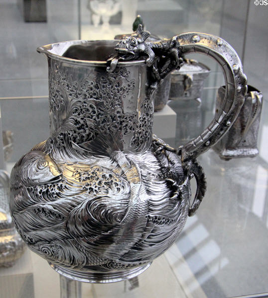 Silver Japanese influenced pitcher (1882) by Gorham Manuf. Co., Providence, RI at Metropolitan Museum of Art. New York, NY.