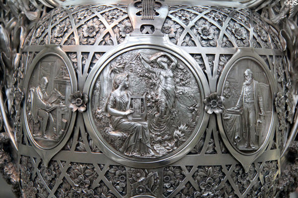 Detail of medallions attrib. Augustus Saint-Gaudens on silver Bryant Vase (1876) made by Tiffany & Co. at Metropolitan Museum of Art. New York, NY.