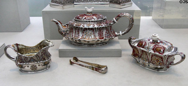 Silver, enamel, ivory near-eastern style tea service (1888) by Tiffany & Co. of New York City at Metropolitan Museum of Art. New York, NY.