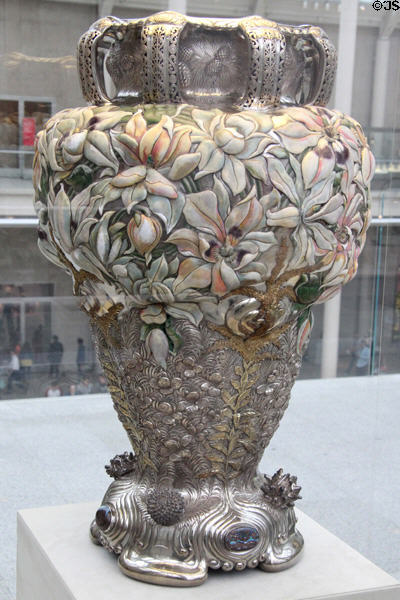 Silver & enamel magnolia vase (c1893) by John T. Curran for Tiffany & Co. of New York City (displayed at World's Columbian Exposition) at Metropolitan Museum of Art. New York, NY.