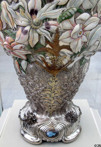 Details of silver & enamel magnolia vase (c1893) by John T. Curran for Tiffany & Co. of New York City (displayed at World's Columbian Exposition) at Metropolitan Museum of Art. New York, NY.