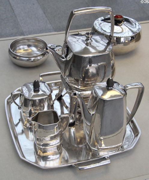 Silver & wood tea & coffee service (1928) by Tiffany & Co. of New York City at Metropolitan Museum of Art. New York, NY.