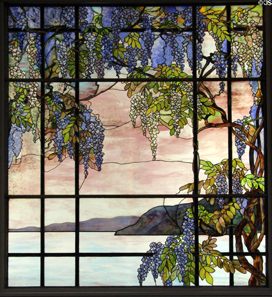 View of Oyster Bay leaded Favrile glass window (1908) by Louis C. Tiffany of Tiffany Studios, New York City at Metropolitan Museum of Art. New York, NY.