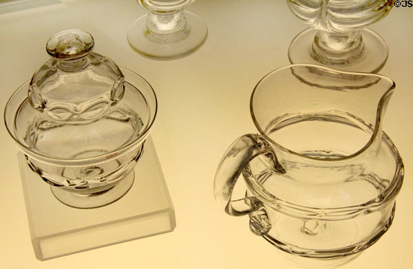 Glass pitcher & sugar bowl (1812-27) attrib. South Boston Flint Glass or Phoenix Glass Works of South Boston at Metropolitan Museum of Art. New York, NY.