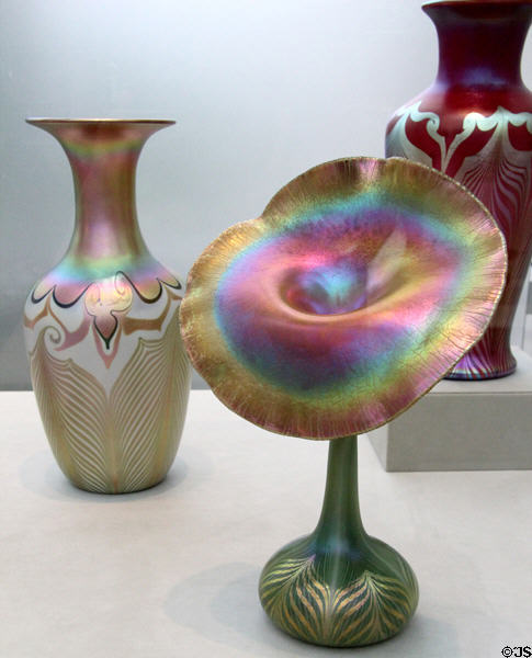 Blown glass vases (1901-20) by Quezal Art Glass & Decorating Co. of Brooklyn, NY at Metropolitan Museum of Art. New York, NY.