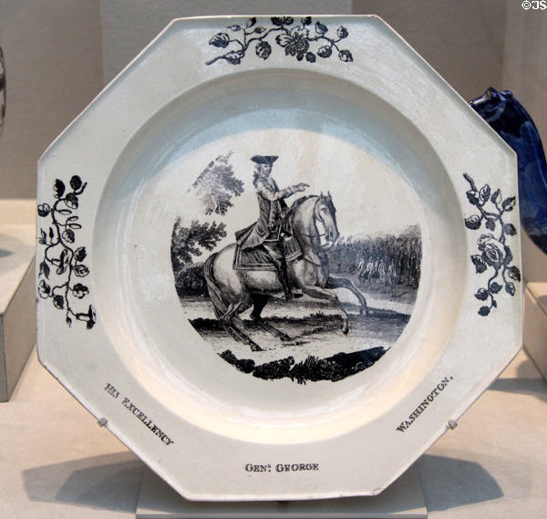George Washington reviewing his troops transfer print on Liverpool earthenware (1752-96) possibly by Sadler & Green at Metropolitan Museum of Art. New York, NY.