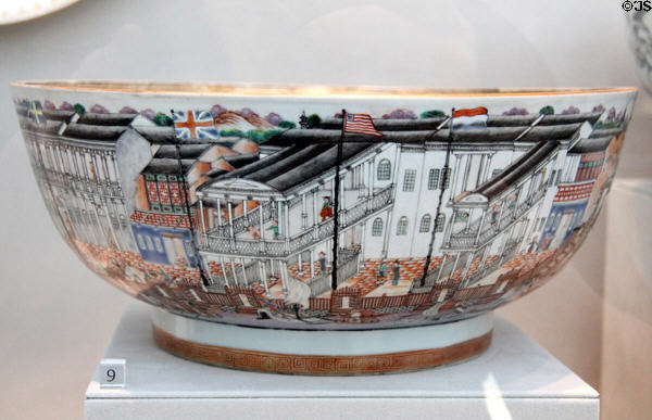 Chinese export porcelain punch bowl (1785-1800) painted with western trading posts at Canton at Metropolitan Museum of Art. New York, NY.