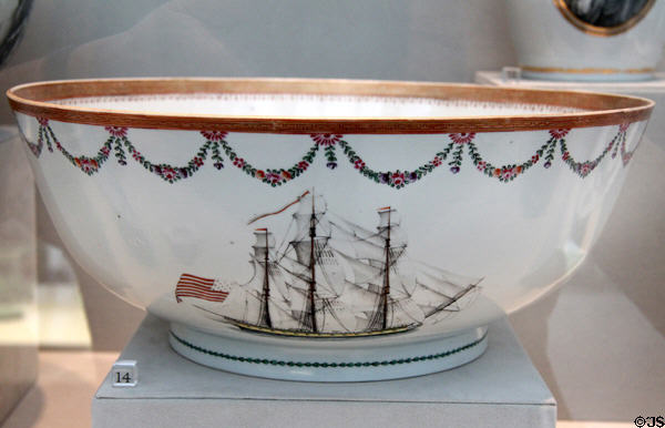 Chinese export porcelain punch bowl (c1790) painted with an American sailing ship at Metropolitan Museum of Art. New York, NY.