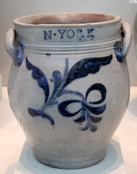 Stoneware jar painted with cobalt blue (1797-1819) by Thomas Commeraw or David Morgan of New York City at Metropolitan Museum of Art. New York, NY.