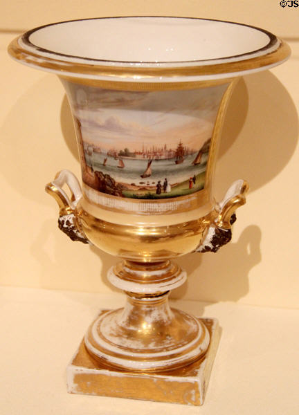 Porcelain urn painted with view of Lower Manhattan (1831-35) from Paris, France at Metropolitan Museum of Art. New York, NY.