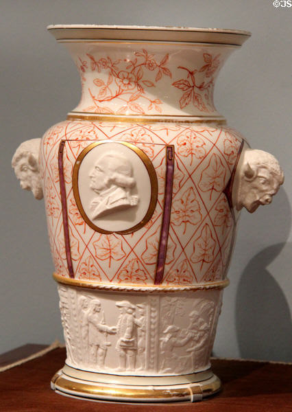 Porcelain Century Vase trimmed in red (1876) created for U.S. Centennial Exposition in Philadelphia by Karl L.H. Müller made by Union Porcelain Works, Greenpoint, Brooklyn at Metropolitan Museum of Art. New York, NY.