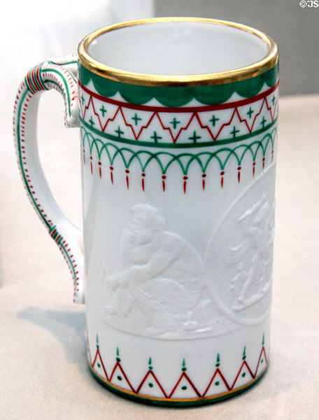 Porcelain mug (1876-80) by Karl L.H. Müller made by Union Porcelain Works, Greenpoint, Brooklyn at Metropolitan Museum of Art. New York, NY.
