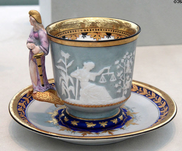 Porcelain Liberty cup & saucer (1876) by Karl L.H. Müller made by Union Porcelain Works, Greenpoint, Brooklyn at Metropolitan Museum of Art. New York, NY.
