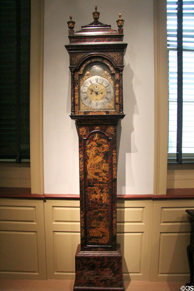 Japanned tall clock (1730-40) from Boston with movement & dial by Joseph Ward at Metropolitan Museum of Art. New York, NY.