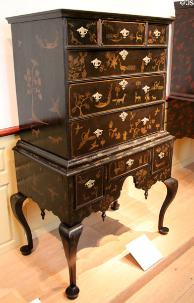 Japanned high chest of drawers (1730-40) from Windsor, CT at Metropolitan Museum of Art. New York, NY.