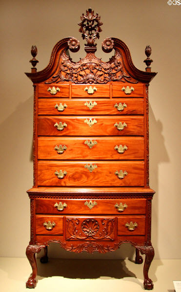 High chest of drawers (1755-90) from Philadelphia, PA at Metropolitan Museum of Art. New York, NY.