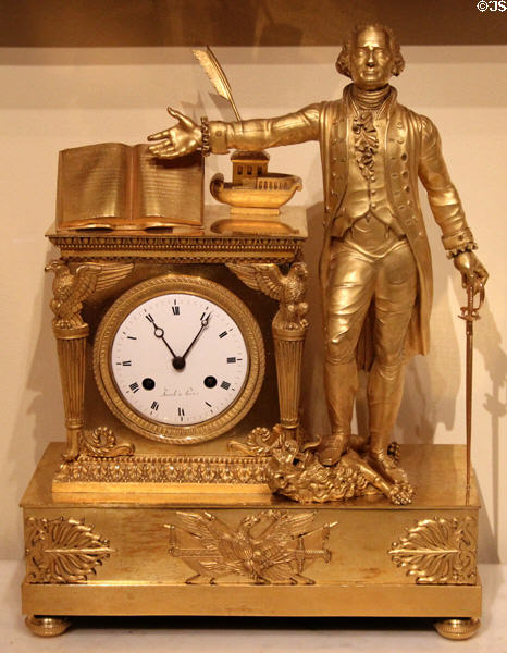 Gilt-bronze mantle clock of American Independence (1800-39) with figure made in Paris for American market at Metropolitan Museum of Art. New York, NY.