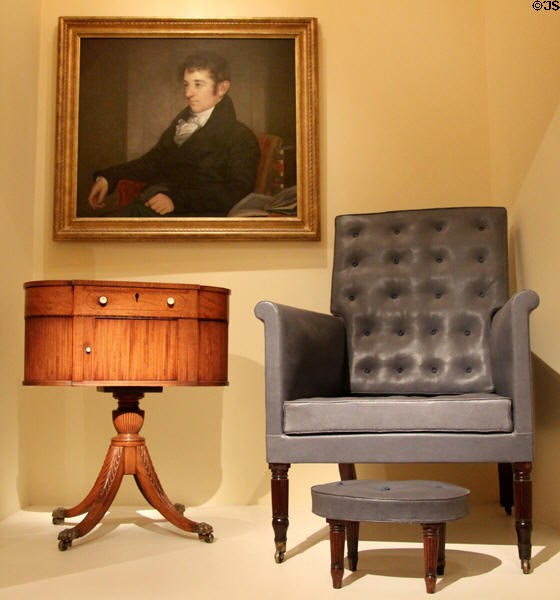 Gulian Verplanck portrait (c1811) by John Wesley Jarvis over work table, leather library chair (attrib. workshop of Duncan Phyfe) & footstool all (1805-15) at Metropolitan Museum of Art. New York, NY.