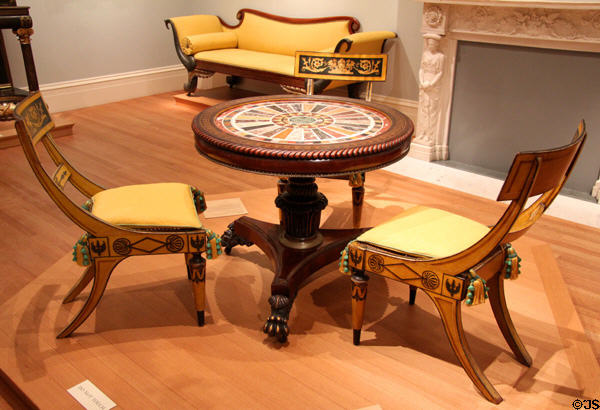 Center table (c1830) by Anthony G. Quervelle of Philadelphia with Greek-revival klismos-style side chairs (c1815-25) attrib. workshop of John & Hugh Finlay of Baltimore, MD at Metropolitan Museum of Art. New York, NY.