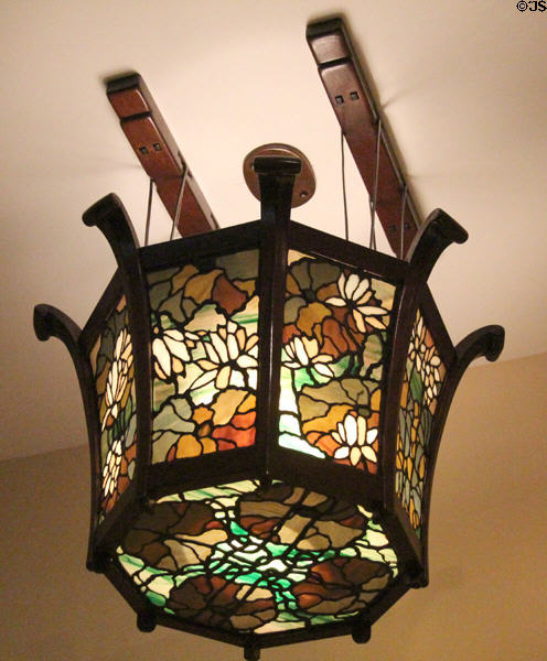 Hanging leaded glass lantern from Robert Blacker home of Pasadena, CA (1907-9) by Charles Greene & Henry Greene then made by Emil Lange at Metropolitan Museum of Art. New York, NY.