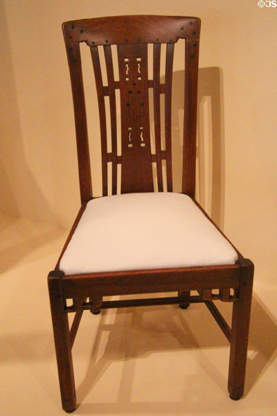 Arts & Crafts side chair from Robert Blacker home of Pasadena, CA (1907-9) by Charles Greene & Henry Greene then made by Peter Hall Manufacturing Co. at Metropolitan Museum of Art. New York, NY.