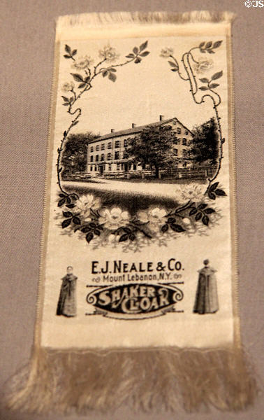 Advertising bookmark for E.J. Neale & Co. Shaker Cloaks (c1910) & sister's bonnet (19thC) from New Lebanon, NY at Metropolitan Museum of Art. New York, NY.