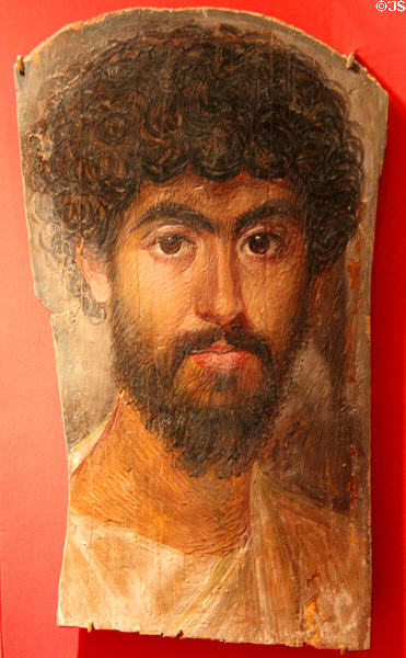 Romano-Egyptian mummy portrait of man with high coloring (161-180 CE) at Metropolitan Museum of Art. New York, NY.