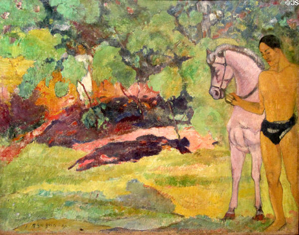 In Vanilla Grove, Man & Horse painting (1891) by Paul Gaugin at Guggenheim Museum. New York City, NY.