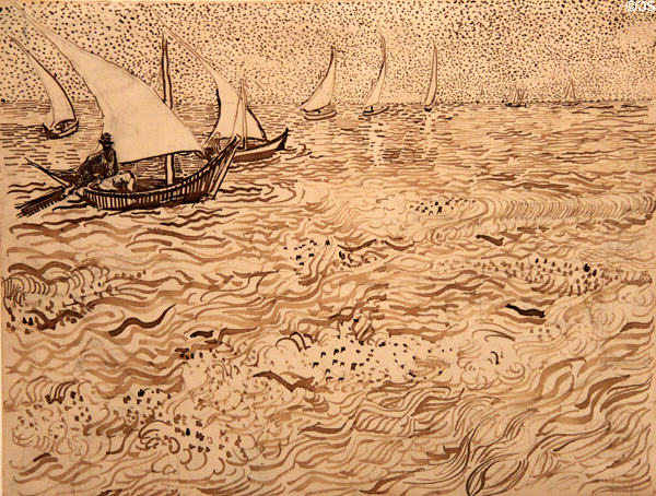 Boats at Saintes-Maries pen drawing (1888) by Vincent van Gogh at Guggenheim Museum. New York City, NY.
